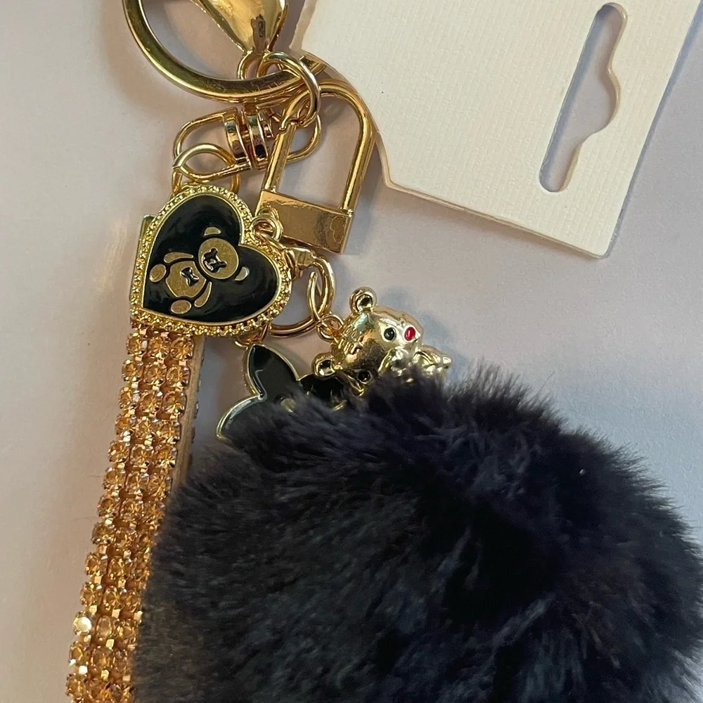 Gold and Black Pom Pom Keychain With 3 Charms – New